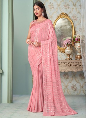 Bedazzling Rose Pink Georgette Contemporary Saree
