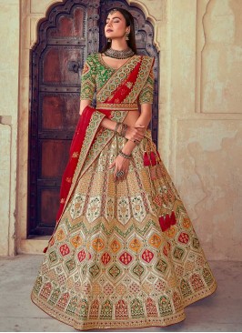 Beige And Green Color Silk Lehenga