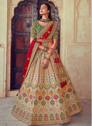 Beige And Green Color Silk Lehenga