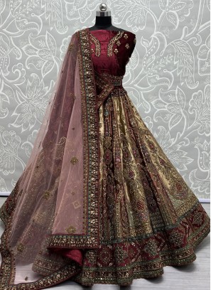 Beige and Maroon Velvet Wedding Lehenga Choli