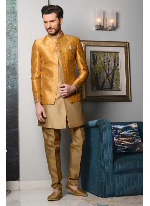 Beige And Mustard Brocade Men