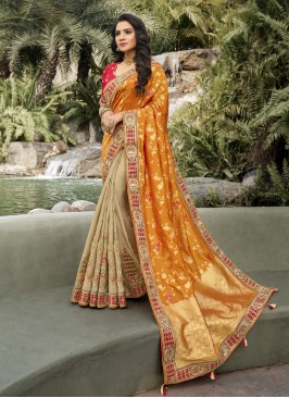 Beige and Orange Banarasi Silk Patch Border Designer Half N Half Saree