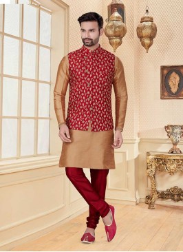 Beige And Red Kurta-Jacket Set