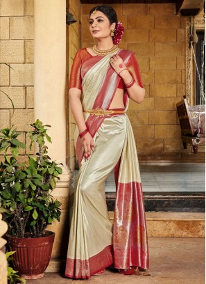 Beige and Red Silk Fancy Classic Saree