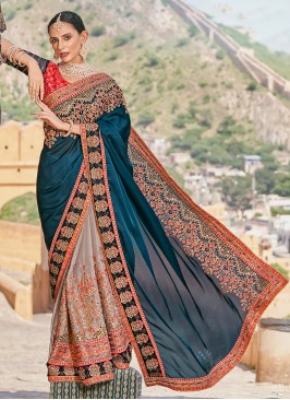 Beige and Teal Color Half N Half  Saree