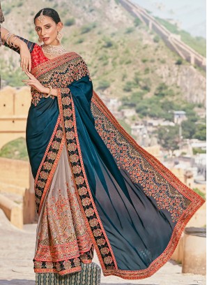 Beige and Teal Color Half N Half  Saree