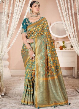 Beige And Teal Color Silk Saree
