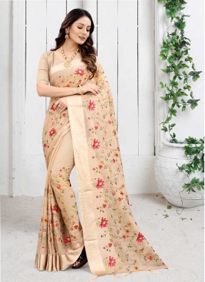 Beige Chiffon Satin Ceremonial Classic Saree