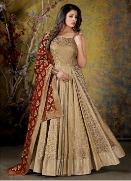 Beige Color Banarasi Silk Anarkali Dress