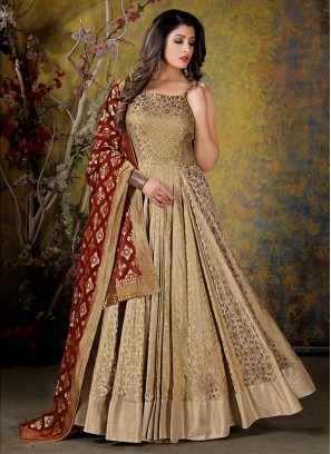 Beige Color Banarasi Silk Anarkali Dress