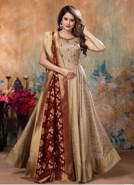 Beige Color Banarasi Silk Anarkali Gown