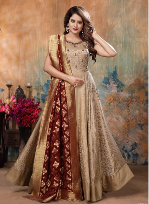 Beige Color Banarasi Silk Anarkali Gown