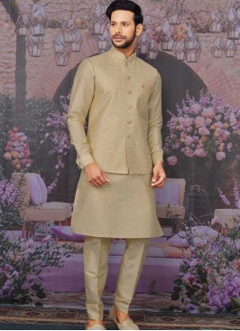 Beige Color Banarasi Silk Mens Jacket Set