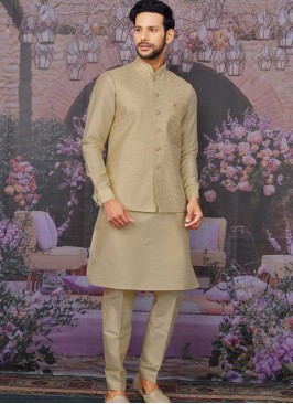 Beige Color Banarasi Silk Mens Jacket Set