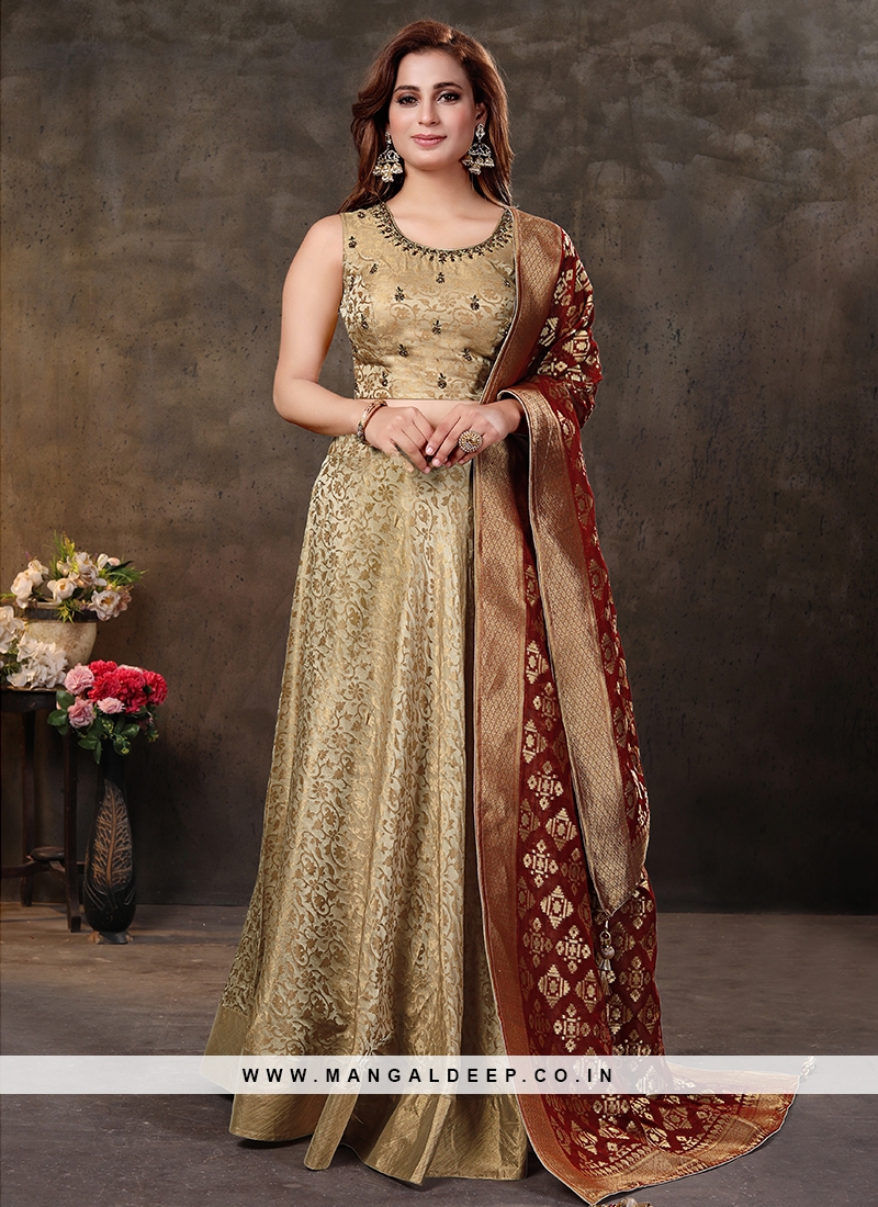 Beige Color Banarasi Silk Party Wear Lehenga