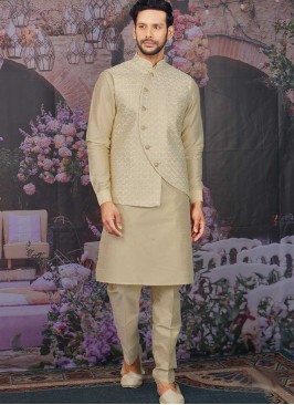 Beige Color Banarasi Silk Set With Jacket