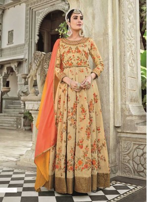 Beige Color Floral Design Silk Anarkali Suit