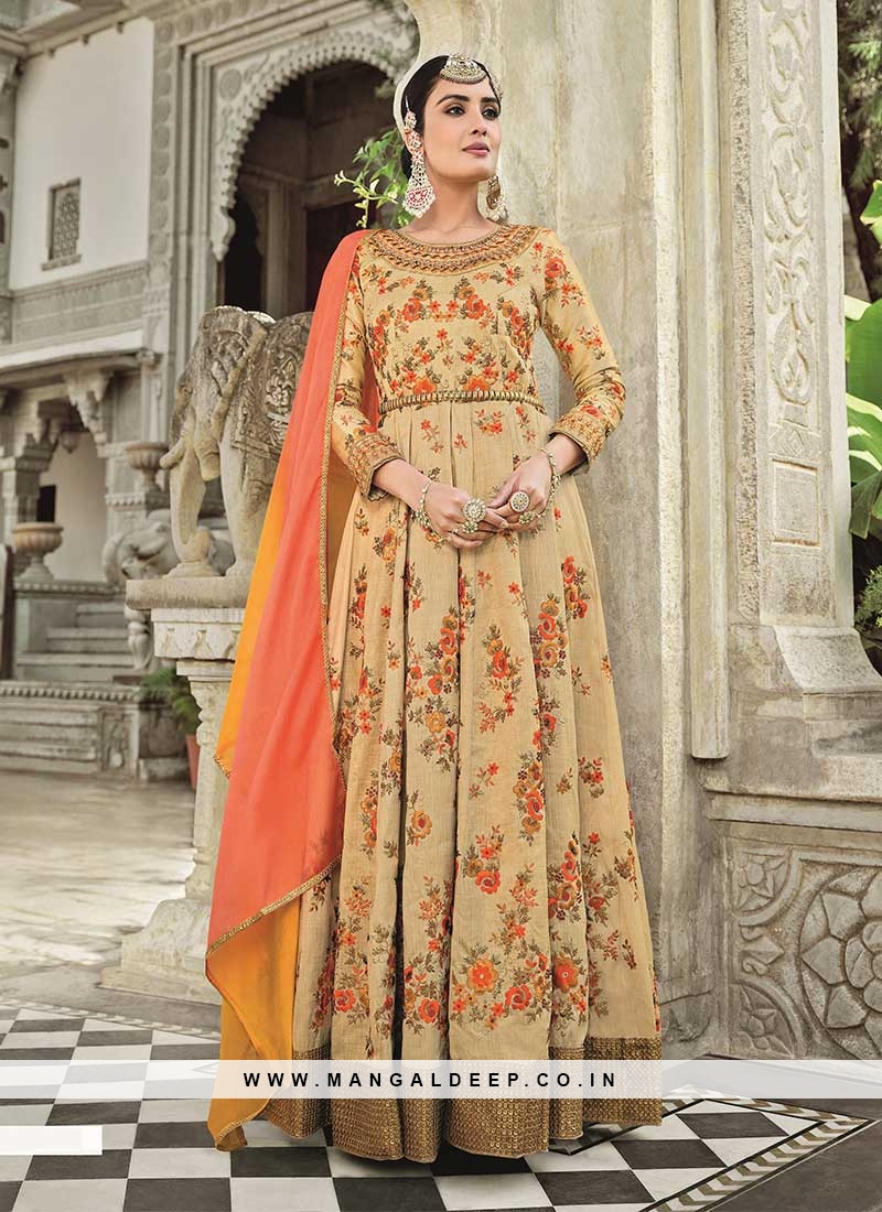 Beige Color Net Embroidered Gown