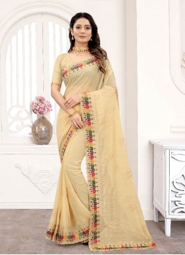 Beige Color Georgette Embroidered Work Saree