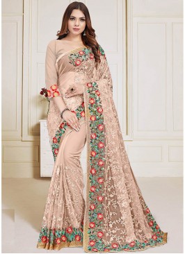 Beige Color Net Embroidered Saree