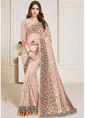 Beige Color Net Embroidered Saree