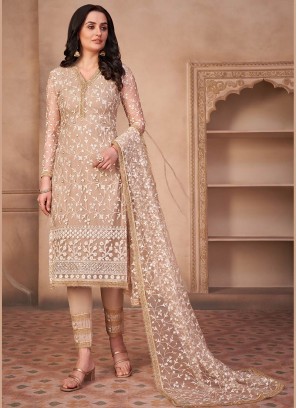 Beige Color Net Thread Work Straight Cut Suit
