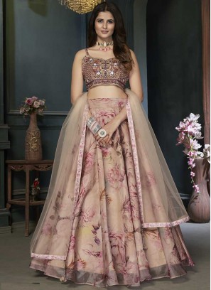 Beige Color Organza Mirror Work Lehenga