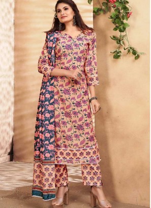 Beige Color Printed Maslin Readymade Suit