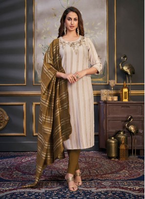 Beige Color Rayon Readymade Straight Suit