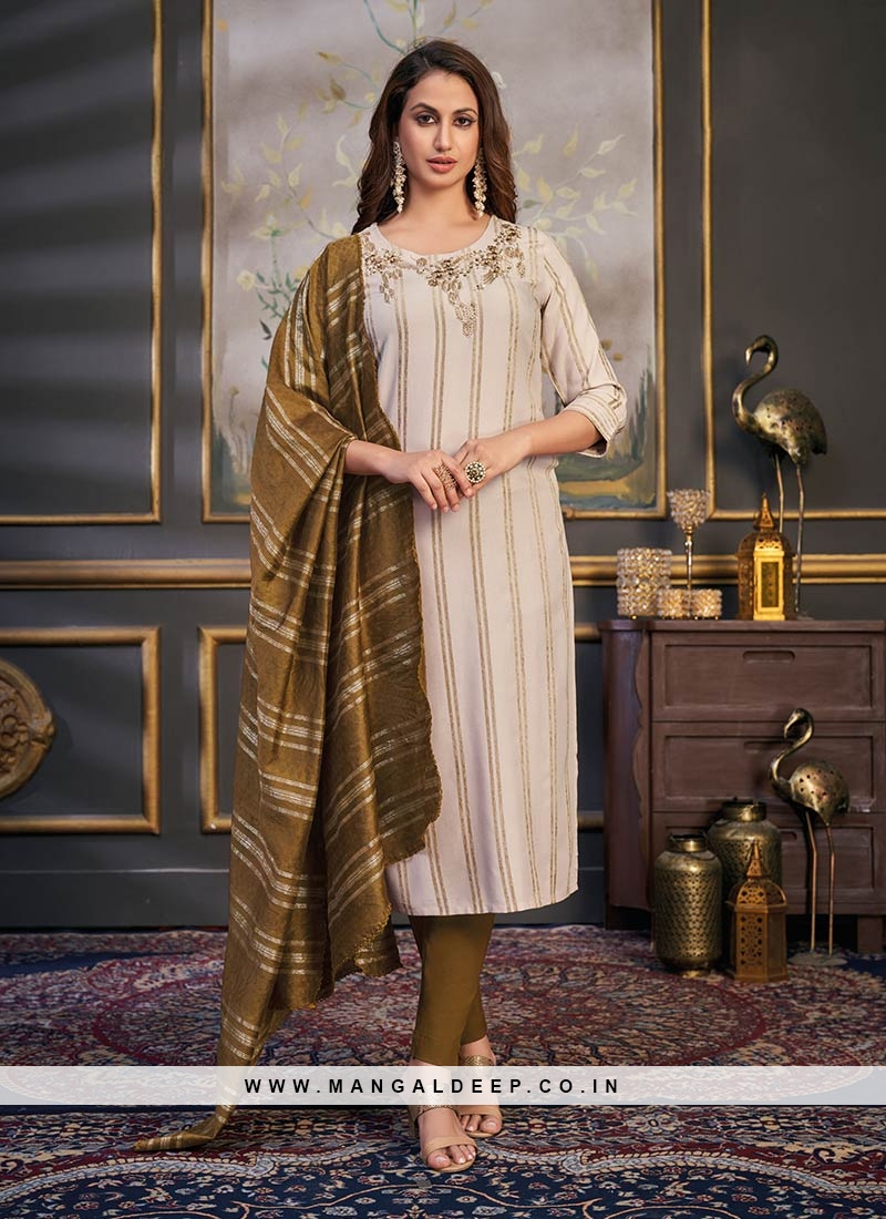Beige Color Rayon Readymade Straight Suit