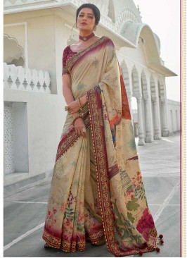 Beige Color Silk Printed Saree