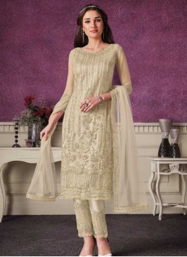 Beige Color Soft Net Embroidered Straight Suit