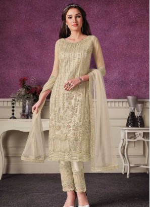 Beige Color Soft Net Embroidered Straight Suit