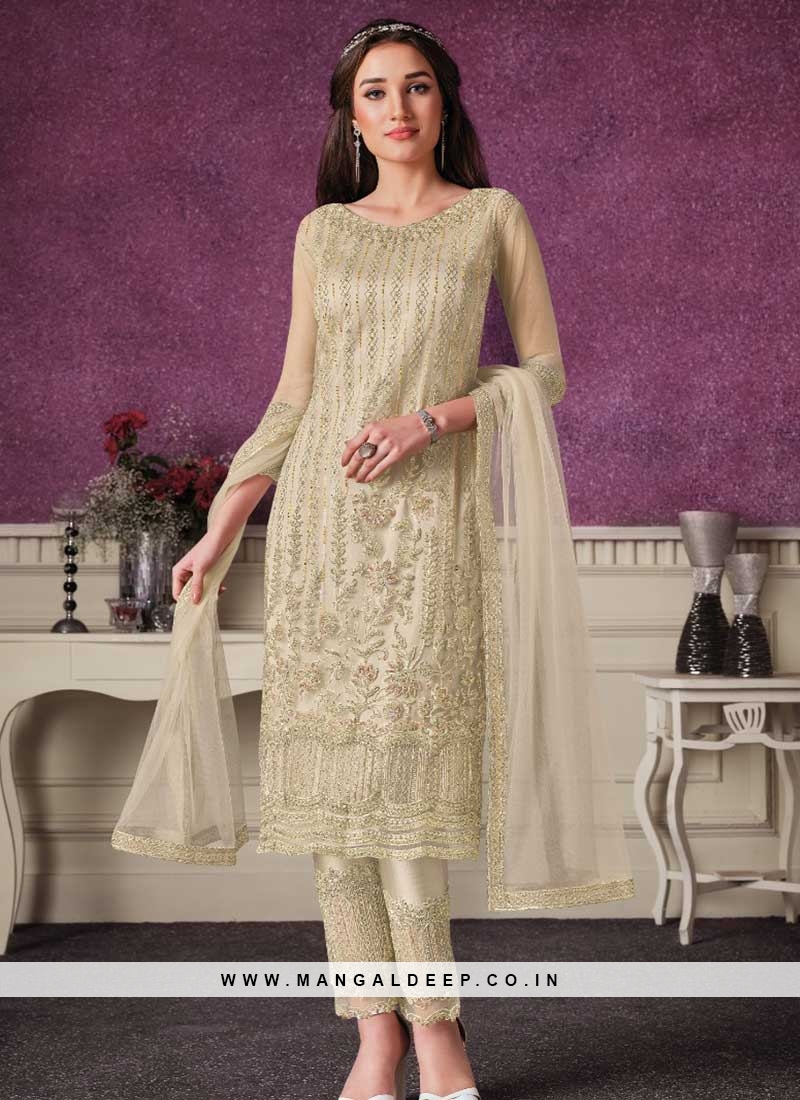 Beige Color Soft Net Embroidered Straight Suit