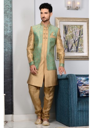 Beige Designer Indian Reception Party Wear Indo Western Suit