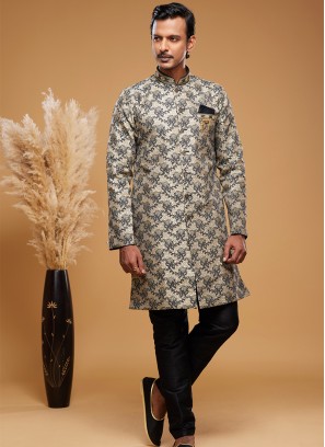 Beige Elegance: Banarasi Jacquard Semi-Indo Western Ensemble.