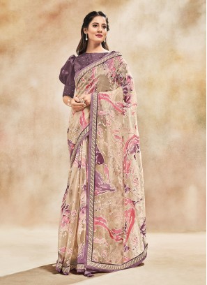 Beige Embroidered Designer Contemporary Style Saree