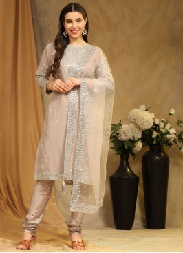 Beige Embroidered Faux Georgette Trendy Salwar Suit