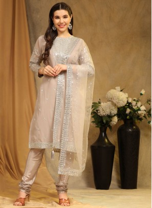 Beige Embroidered Faux Georgette Trendy Salwar Suit