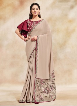 Beige Festival Crepe Silk Designer Contemporary Style Saree