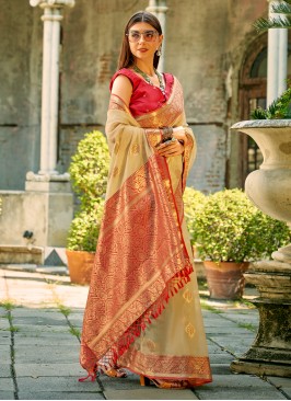 Beige Festival Tussar Silk Contemporary Saree