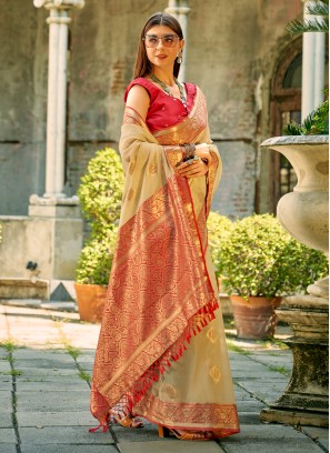 Beige Festival Tussar Silk Contemporary Saree