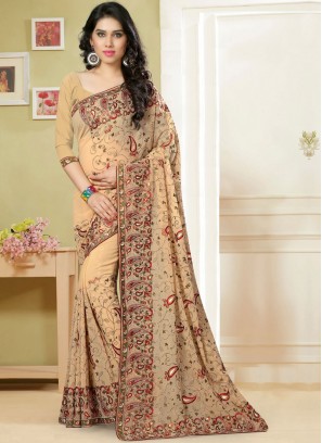 Beige Georgette Embroidered Classic Saree