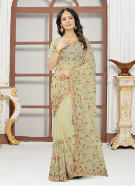 Beige Georgette Embroidered Designer Contemporary Saree