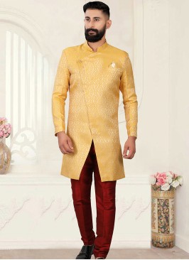 Beige & Maroon Fusion Elegance: Men's Indo-Western Ensemble