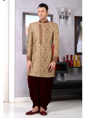 Beige Mens Bridal Groom Indo Western Sherwani
