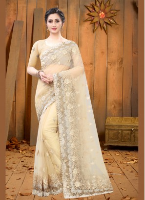 Beige Net Embroidered Trendy Saree