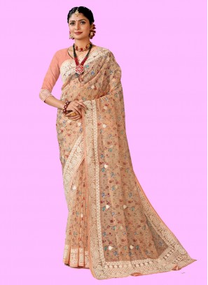 Beige Organza Contemporary Style Saree