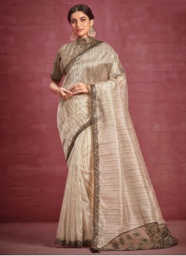 Beige Organza Embroidered Designer Saree