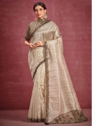 Beige Organza Embroidered Designer Saree